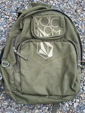 Vtg Y2K Skater - Volcom Olive Green Canvas Backpack with Front Logo - USED